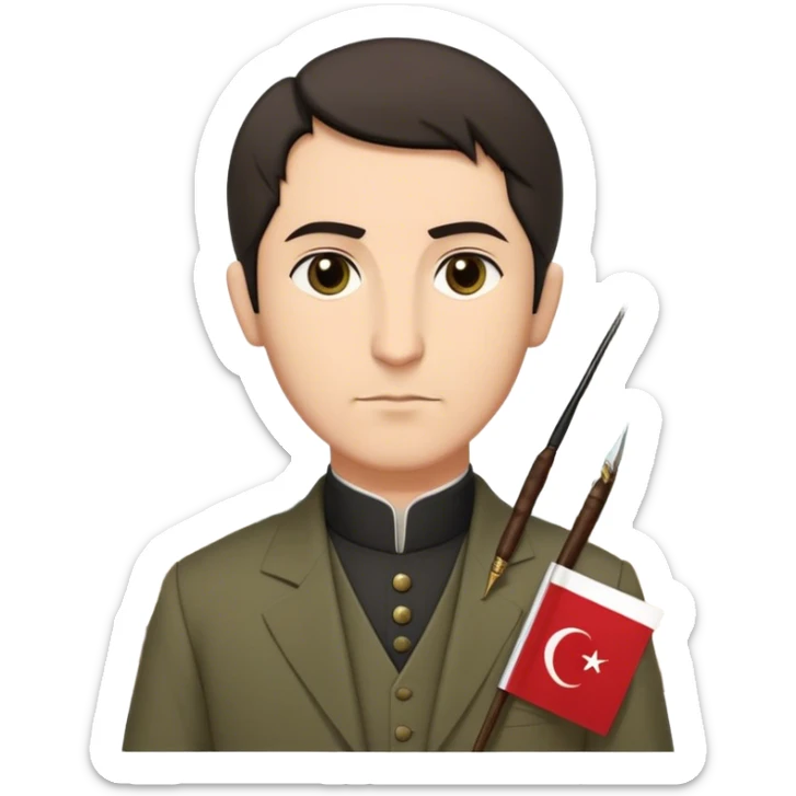 "A dignified historical poet with short dark hair but white strands at the nape of his neck, no mustache, wearing an Ottoman-era suit, holding a quill and paper, with the Turkish flag in the background, a mosque silhouette behind him, and a determined expression on his face. No hat." sticker