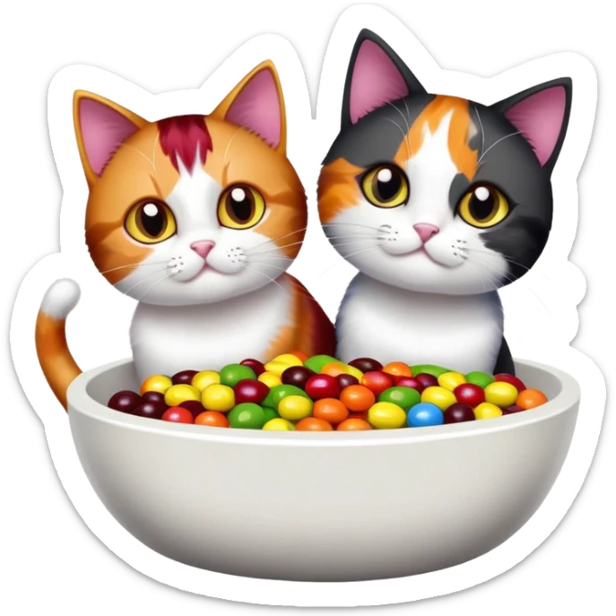 Two cats and a fabric bowl one named Iron Man and another one named skittles who is a black and white cat with skittles all over him sticker
