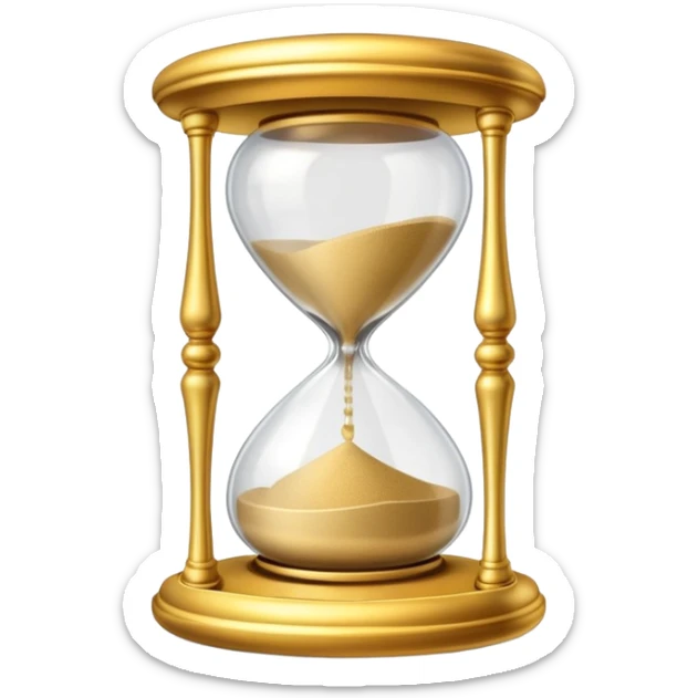 A small hourglass with just a little sand left at the bottom and a shining golden alarm bell next to it, representing a very short task sticker