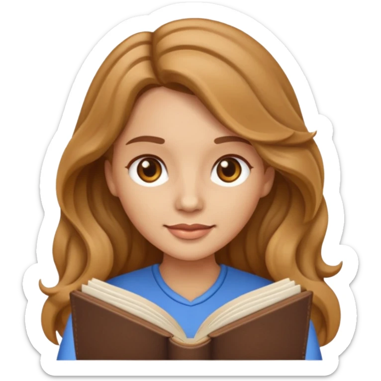 vector style emoji of a woman with long light brown wavy hair, light brown eyes, holding and reading an open book sticker