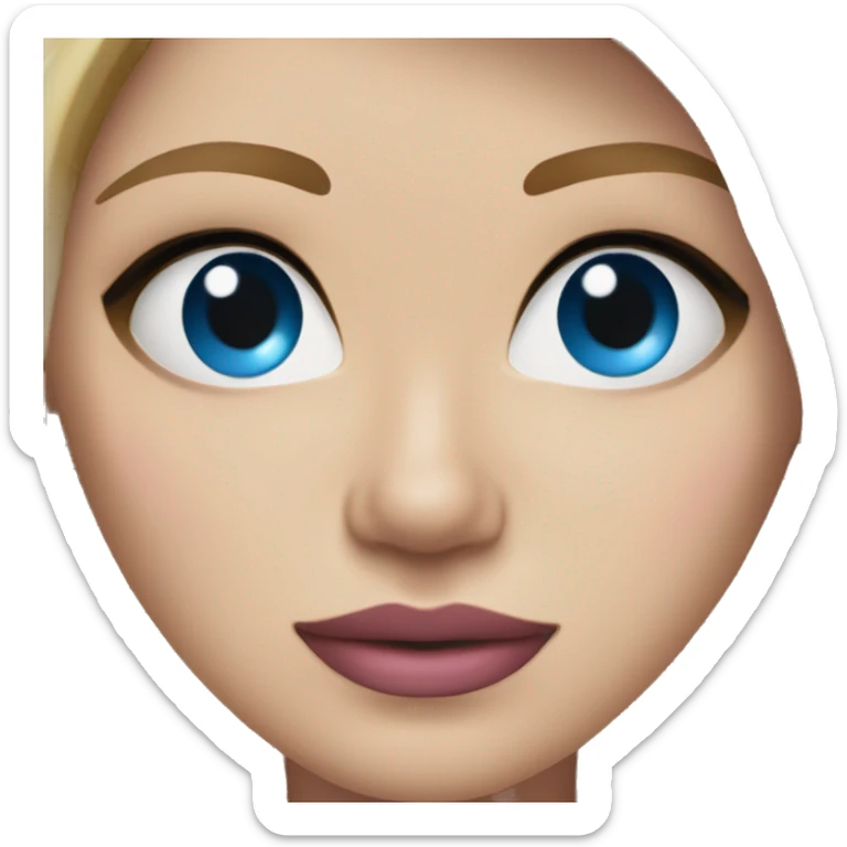 a woman with freckles, blue eyes, light skin, blonde hair and dark roots, pink lips. black clothes. sticker