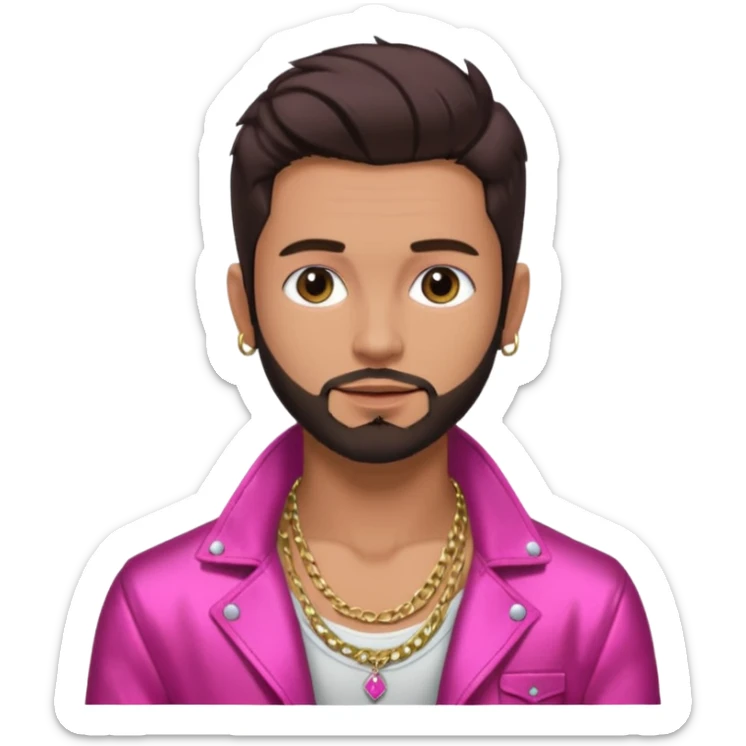 Frankie Zulferino, Pop Singer (b.1990) with dark brown hair and short beard shirtless with necklace, dark pink metallic jacket sticker