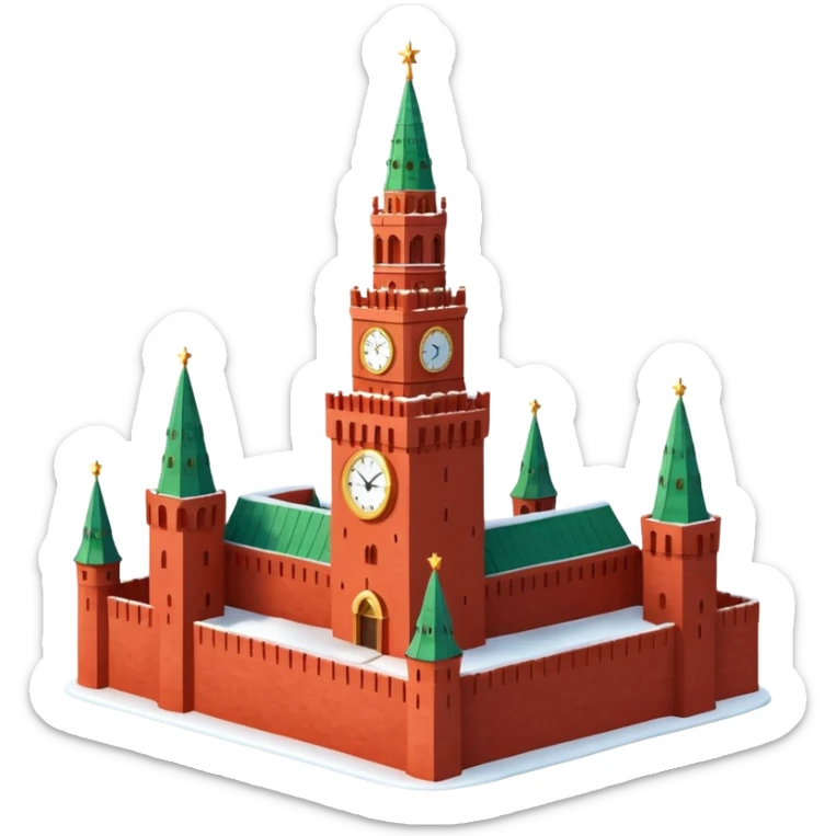 Apple iOS style emoji of the Moscow Kremlin Spasskaya Tower, winter
New Year edition. Red brick texture, snowy roof, golden clock face. Small festive garland with glowing lights wrapped around the tower. Bright red glowing star on top. 3D isometric  sticker