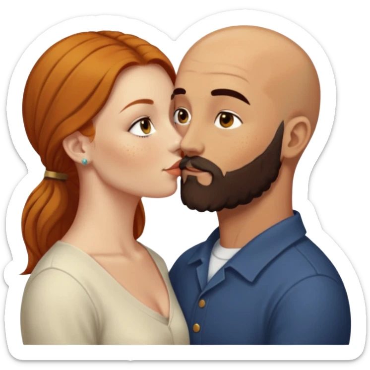 Couple. Bald man with dark brown-black beard. White woman with many small, faded freckles, she has white skin and she has auburn-yellow-brown-cinnamon, dark long hair. She has light brown eyes. The man have hazel eyes. Retro style. They kiss. sticker