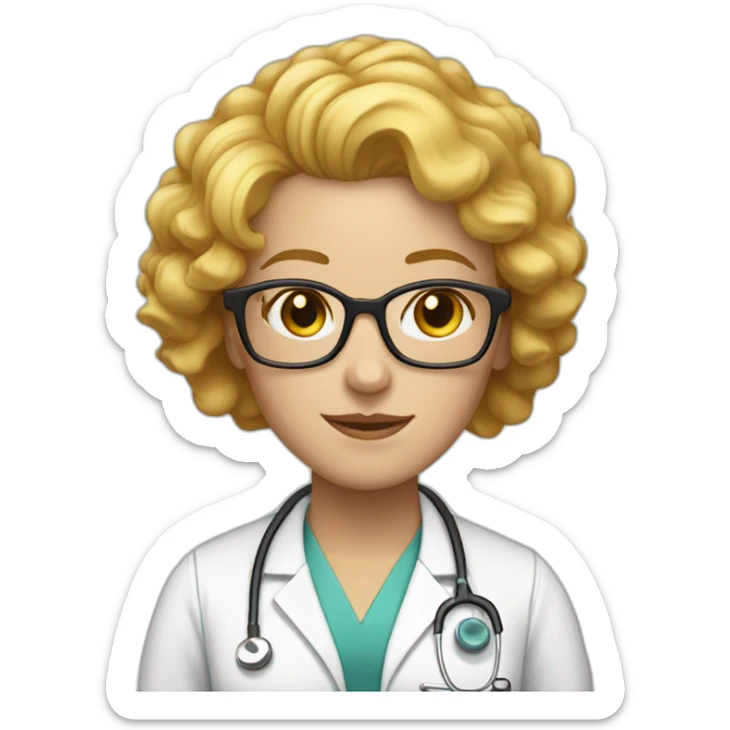 FEMALE Doctor With Curly Yellow Hair and White Skin, and glasses. About 55 years old sticker