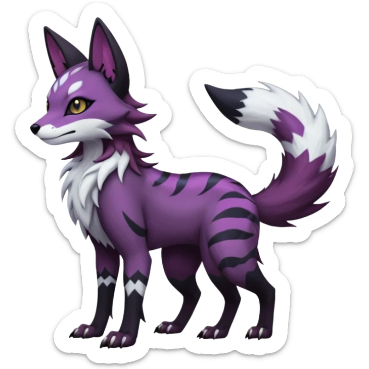 Kawaii dark black purplish blackish edgy fantasy ethereal feline-vernid-sergal-monster-furret-Lycanroc-umbreon-fursona animal creature full body with intricate markings  sticker