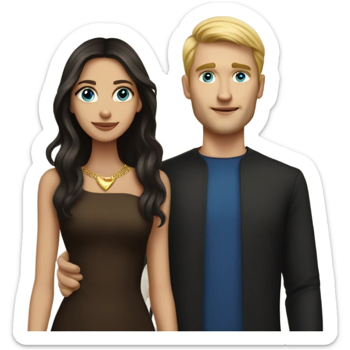 Beautiful skinny woman long dark brown hair in dark dress with gold earrings and blond man with blue eyes with book sticker