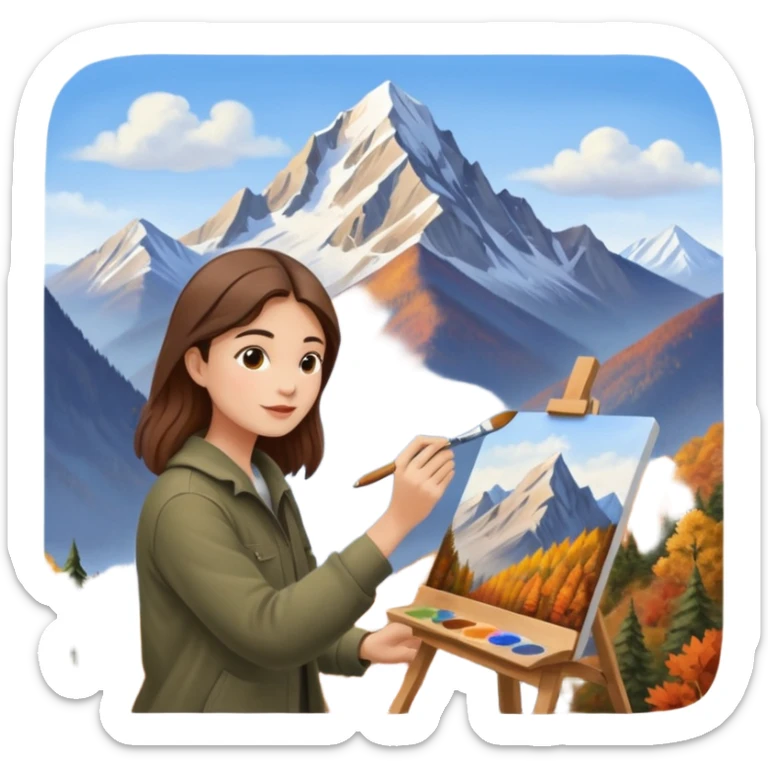 Artist painting a beautiful autumn mountain peak destination on canvas sticker