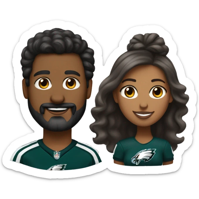Brown skin couple in Philadelphia Eagles clothing guy has a beard and mustache girl has her hair in a bun  sticker