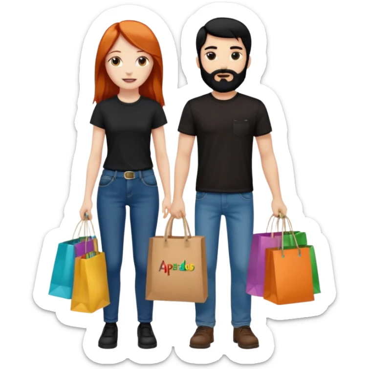 Chica blanca con cabello cobrizo largo y chico con cabello y barba negra los dos de contextura media los dos vestidos de jeans y camiseta negra con bolsas de compras de colores con letrero que diga apartado sticker