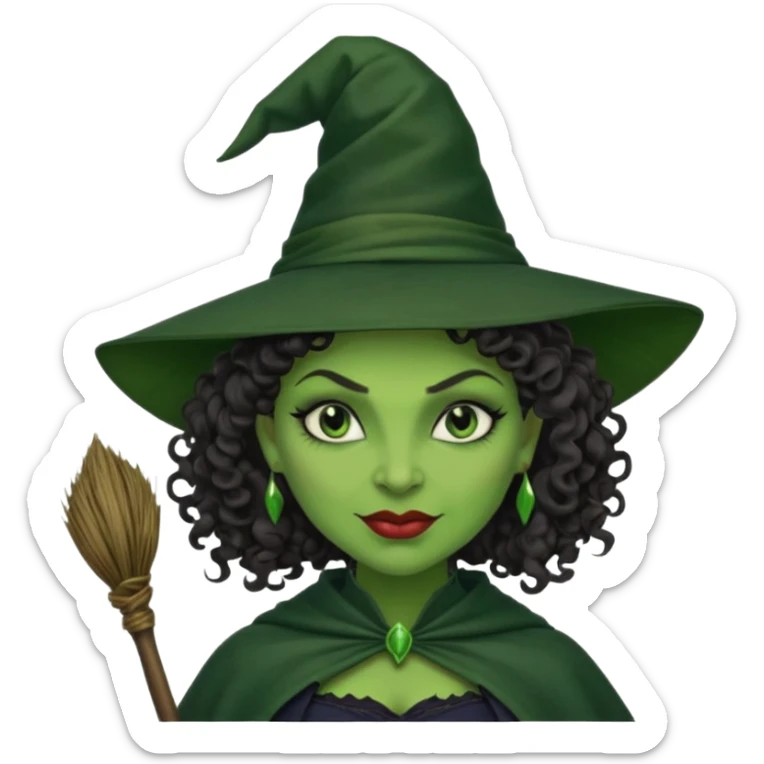 elphaba wicked witch with broom close up, evil dark curly hair, green skin, thick lips, cheekbones, smirk evil menacing cythia erivo sticker