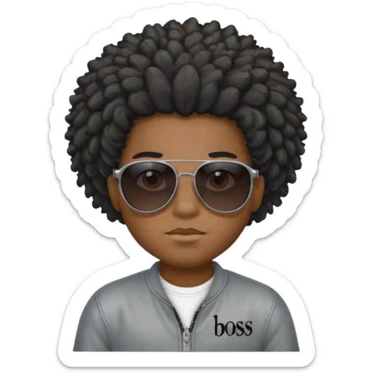 Un garçon,de couleur noir avec des lunettes de soleil grise,il a des cheveux crépus et au dessus de sa tete il est écrit BOUSS  sans qu’on voit ses yeux sticker
