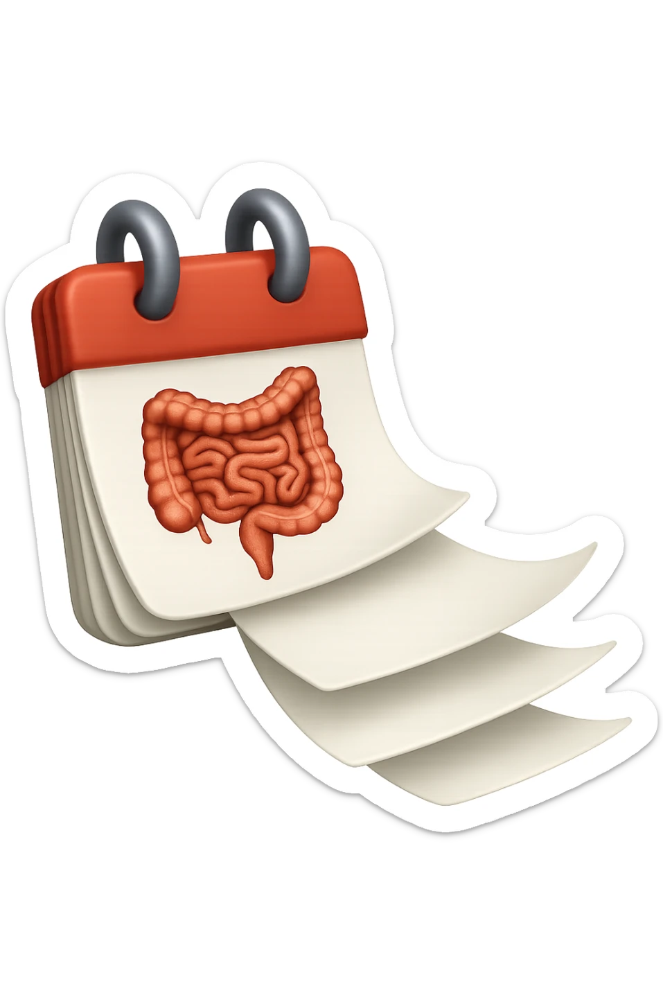 emoji stile iphone di un calendario con fogli che volano insieme, sui fogli ci sono disegnati degli intestini anatomici, iperrealistico 4k, isolato su sfondo bianco sticker