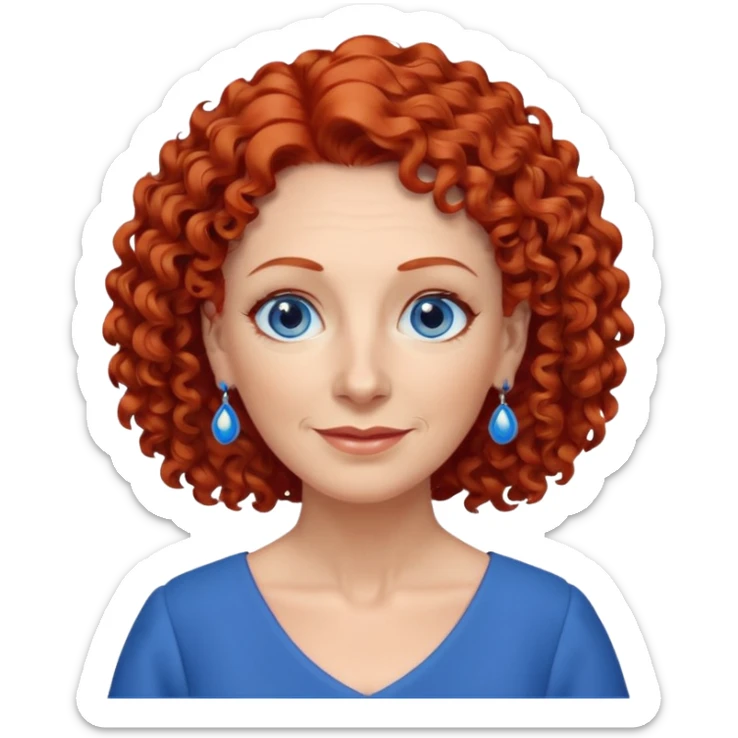 una profesora mayor simpática con el pelo rojo rizado, ojos azules, vestido azul y pendientes azules sticker