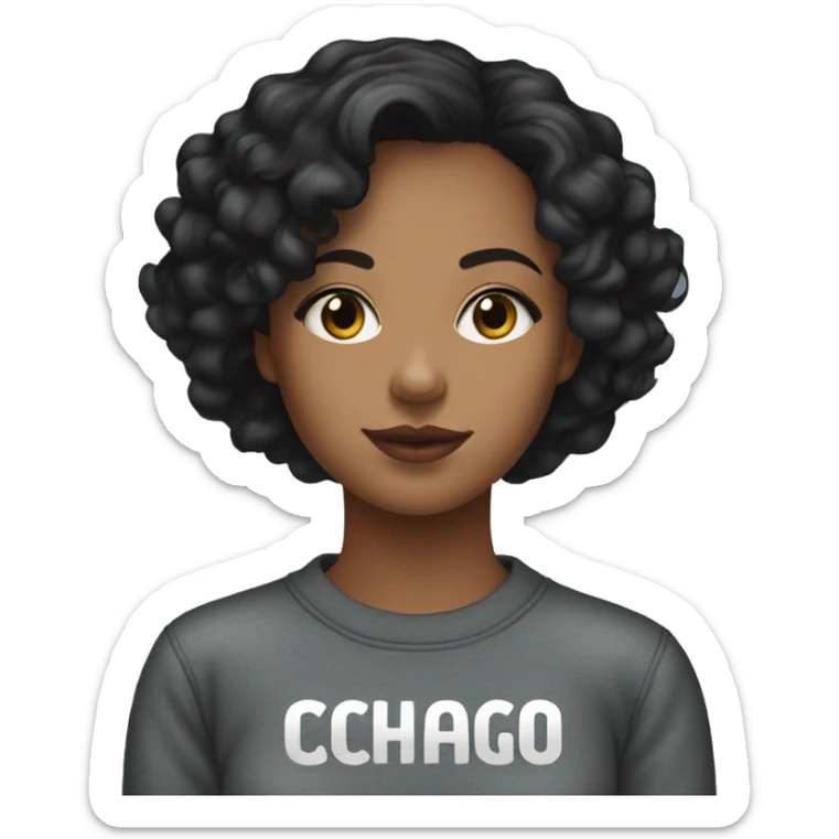 Girl with mid length curly black hair wearing a black Chicago sweatshirt sticker