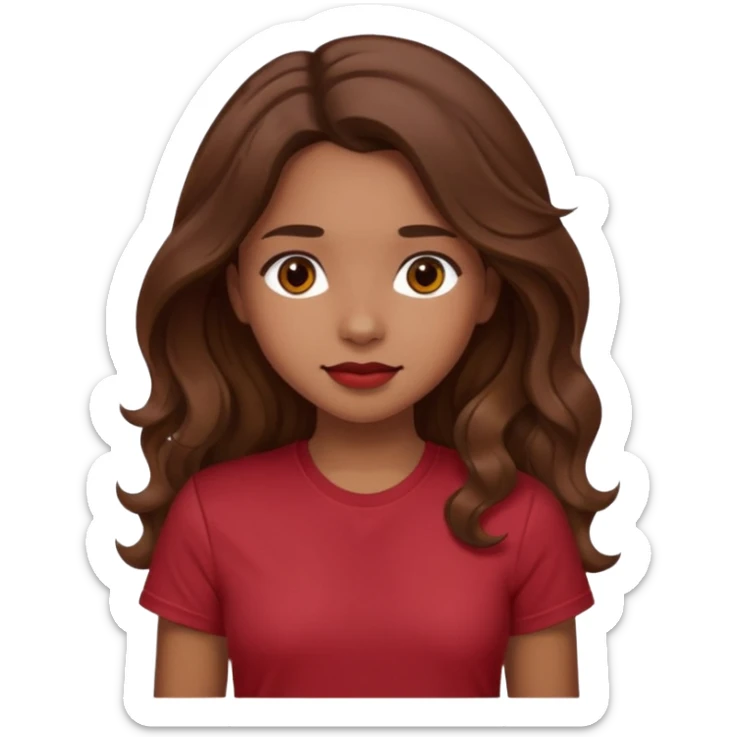 Very light brown girl with long wavy brunette hair and blush, wearing dark red tshirt sticker