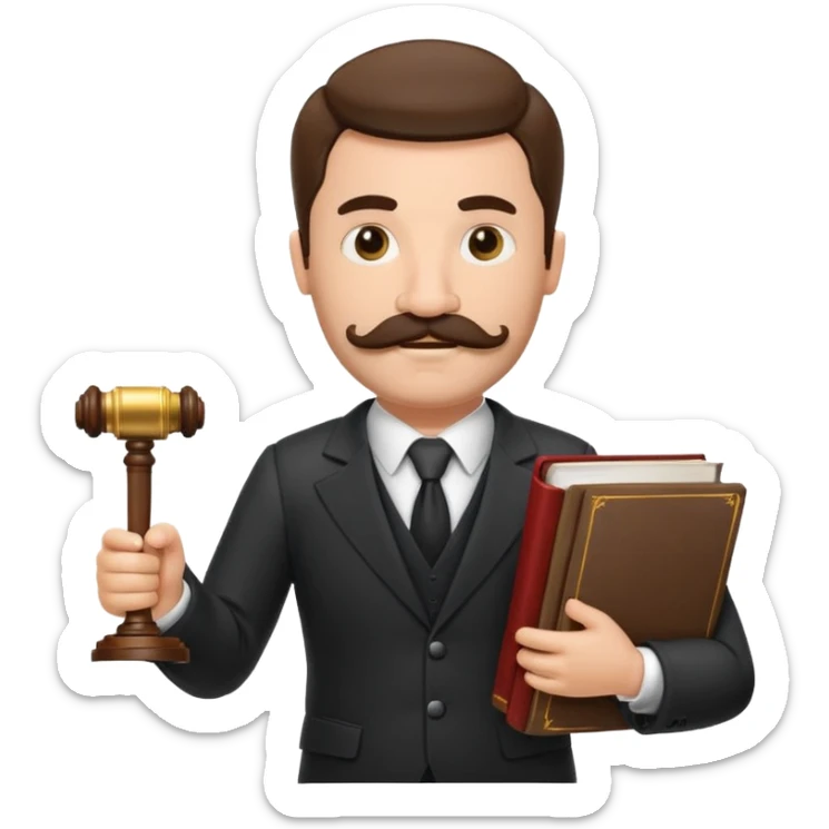 Create a male lawyer. he is wearing a fromal suit jckeret. He is holding a gavel in one hand and a book tucked under his another arm. He has a mustache and BEARD both! sticker