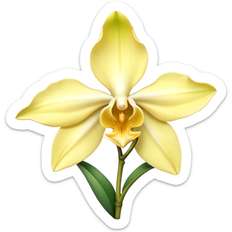 vanilla flower, orchid, full bloom, pale yellow to creamy white petals, trumpet-shaped center, gentle curvature, fine petal texture, optional green stem or vanilla pod, no background, no leaves, no decorative elements, no faces, clean 3D, soft shadows, transparent background, emoji scale sticker