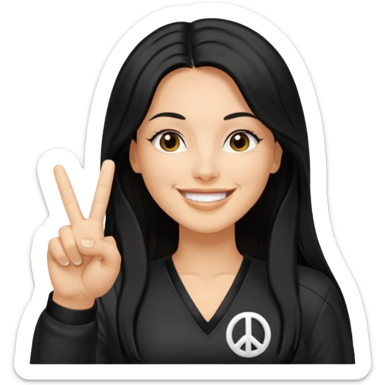 white adult woman in a y2k outfit, long black hair, making a peace sign sticker