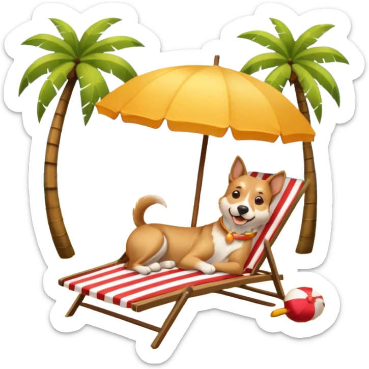 a dog laied on a beach chair, a sunny beach, a sun umbrella, and beach coconut trees. the icon should capture the essence of a relaxing beach vacation with a carefree atmosphere sticker