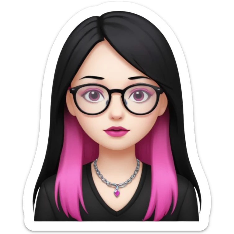 pale girl with piercing, long straight black hair with pink ends, dark makeup, glasses, large chest sticker