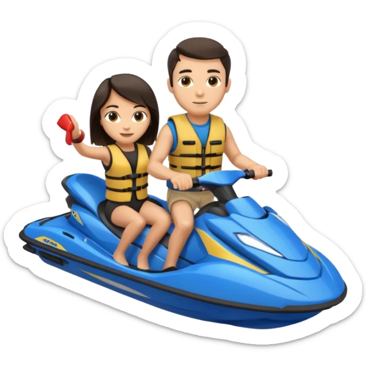Light tan male dark hair & light tan female dark hair on a blue jet ski no sunglasses sticker