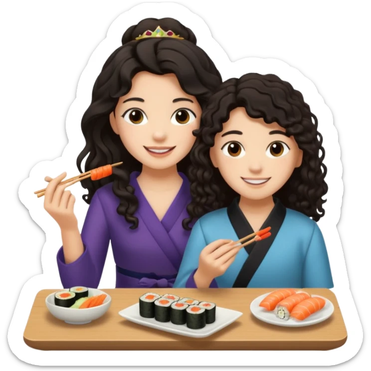 czarnowłosa ksieżniczka w dlugich wlosach je sushi z chłopakiem o czarno brązowych kręconych włosach i są zadowoleni i są nastolatkami i te włosy są lekko krecone sticker