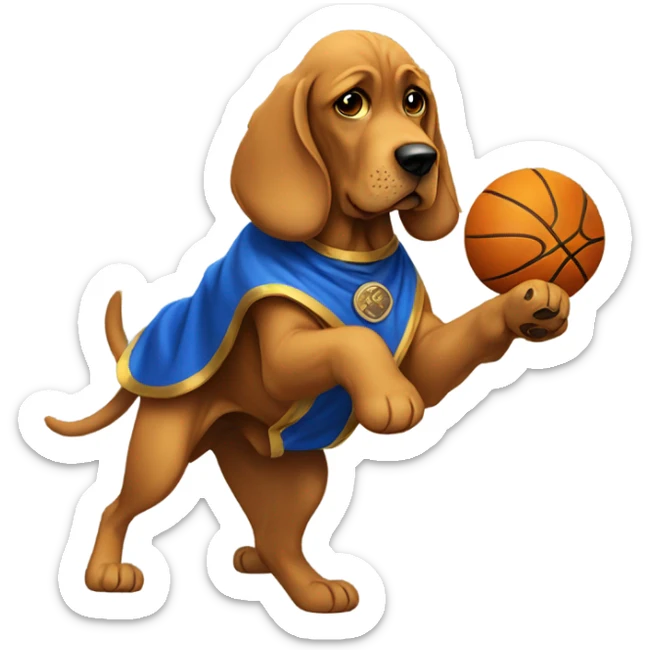 A bloodhound with a blue and Gold cape spinning a basketball on its paw! sticker