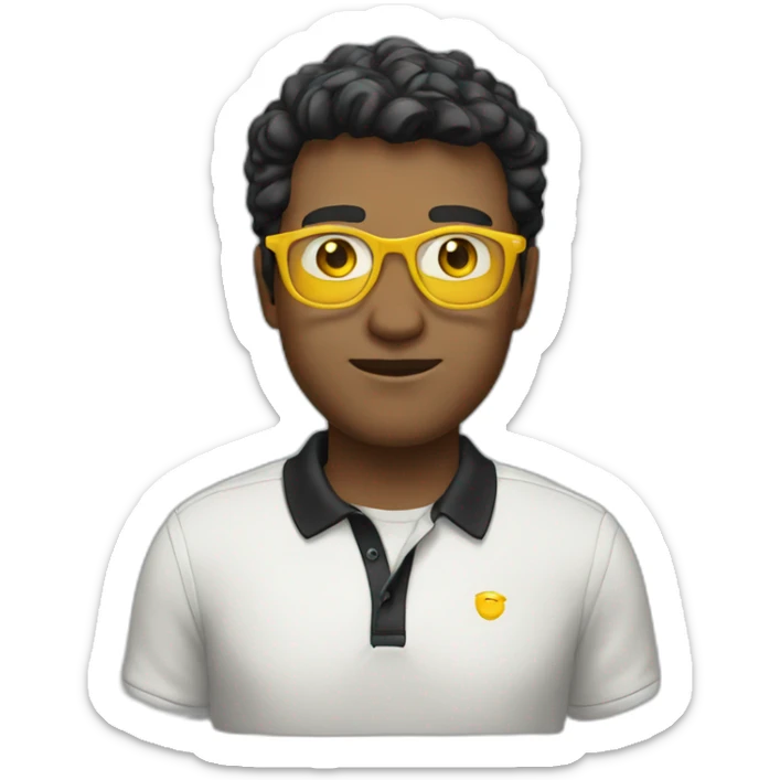 White man with yellow tinted glasses and black hair in a polo shirt sticker