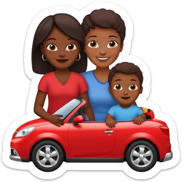 a single Dark Skin mom with two children, one young boy and a baby girl in a car red sticker
