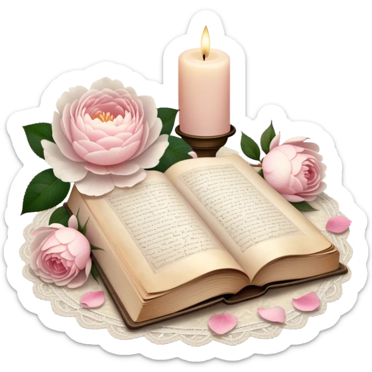 A beautifully aged book of poetry, open beside a softly glowing candle, with scattered blush pink rose petals and white peony blossoms decorating the vintage lace-covered surface.
 sticker