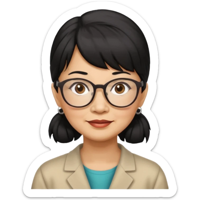 filipino woman black hair in one pony tail with straight bangs and big glasses, 60 yr old

 sticker