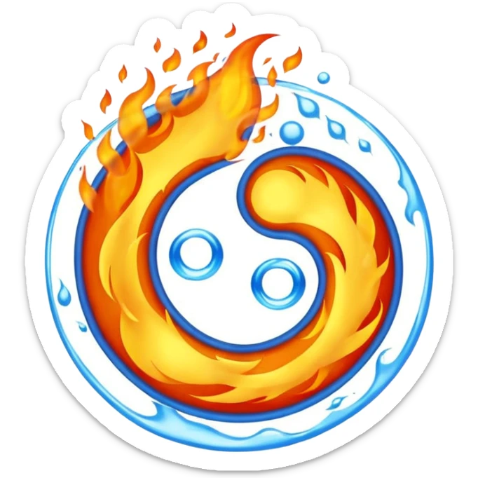 The fire and water emojis are in the form of the yin-yan symbol in front of a completely black background. sticker