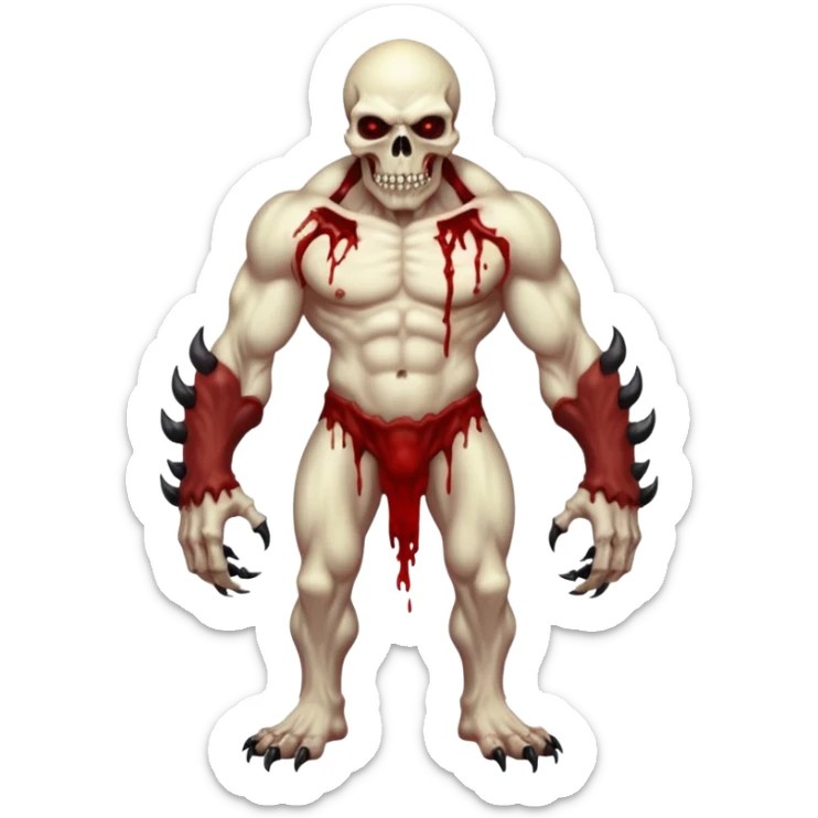 A Hideous mutated monster covered in rotton flesh and bloodin the style of your bleeding skull art, full body. Final boss character sticker