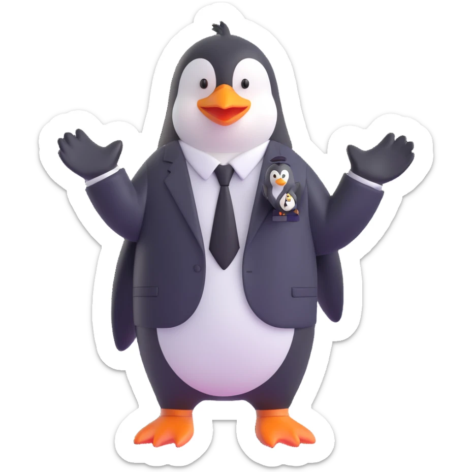 a cartoon penguin wearing a white shirt, black pants, and a black tie, with a missionary badge, waving, plain background sticker