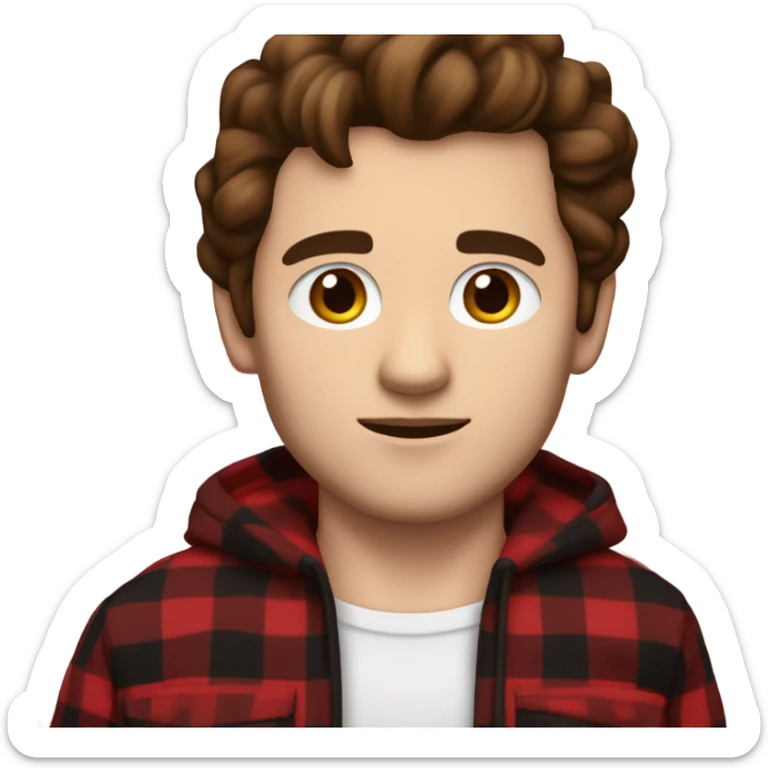 Man with brown hair and brown eyes wearing red and black buffalo plaid pjs. White skin. sticker