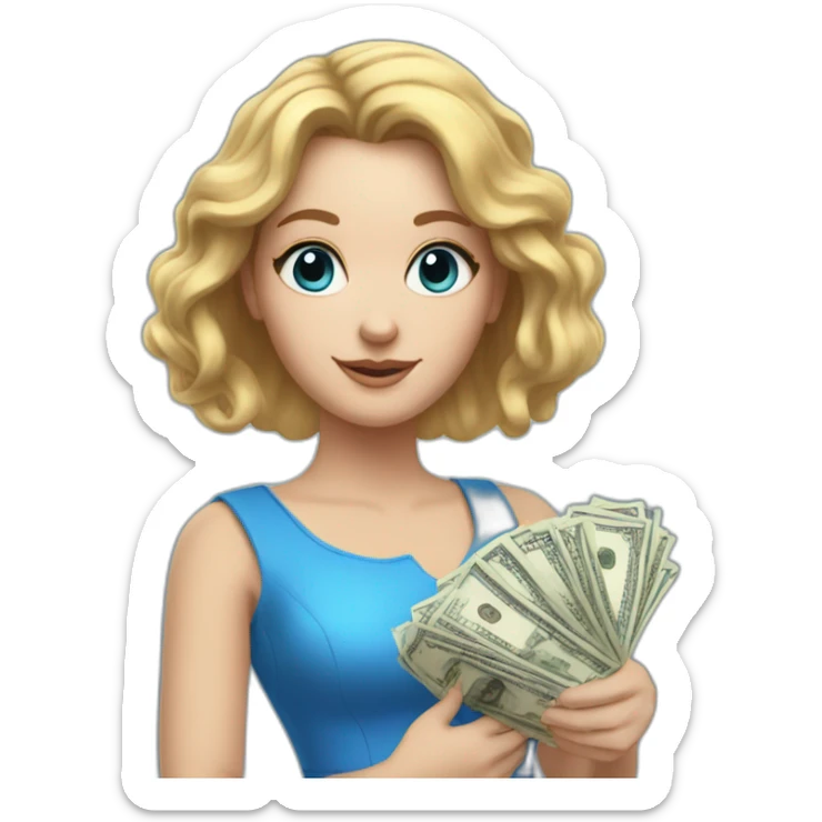 Realistc white girl in a blue dress her hair out holding the money sticker