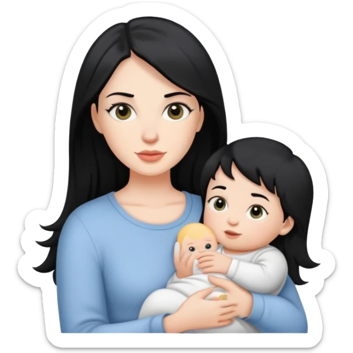 Black haired white woman holding one black hair white baby sticker