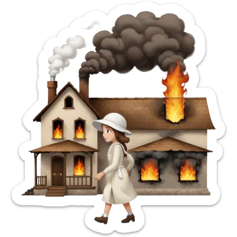 handmaids tale style woman burning house down walking away from house. shes wearing the nun hands maid tale hat cant see her face with brown hair  sticker
