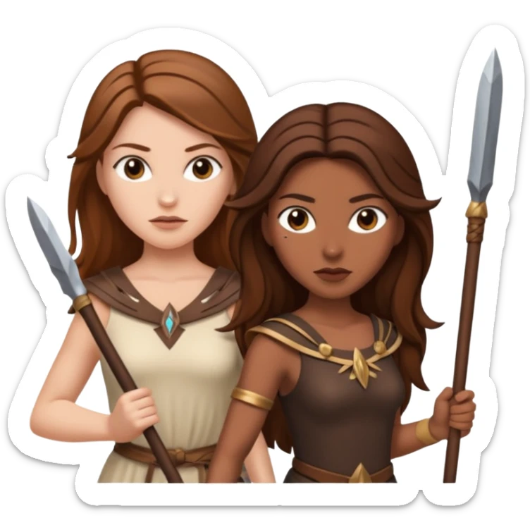 white woman with brown hair and brown woman with long brown hair both holding spears fiercely sticker