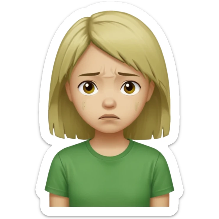 Young girl with straight, damaged, unkempt hair, wearing a green T-shirt, with a sad and discouraged expression on her face. sticker