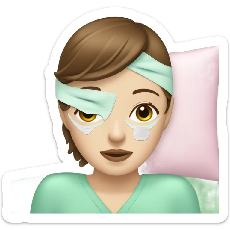 Girl with brown hair freackles white skin tone and blue eyes wears green sheet mask relaxing her eyes closed and two pickple piece over her eyes sticker