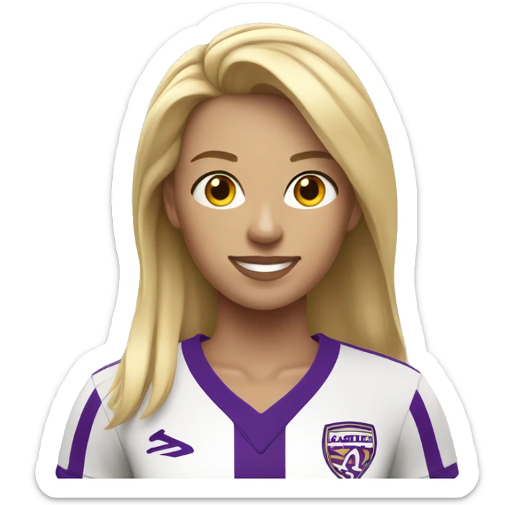 a blonde woman in a white soccer jersey with purple pinstripes sticker