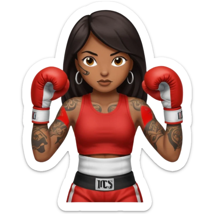 sexy brown skin girl with long dark hair, tattoes, muscles boxing sticker