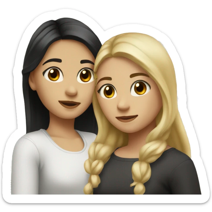Two girls embracing. One with blonde hair and brown eyes and one with black hair and brown eyes  sticker