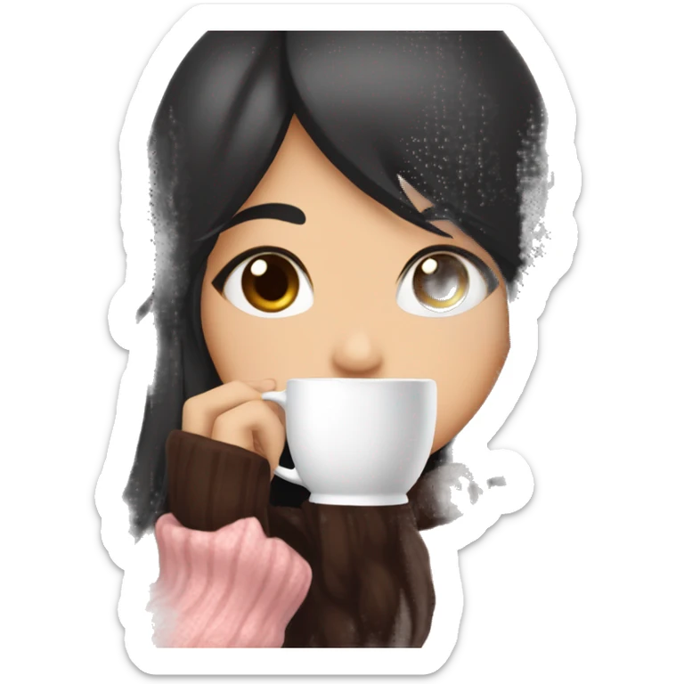 Anime girl with long black hair and brown eyes wearing a pink sweater drinking a cup of hot chocolate  sticker