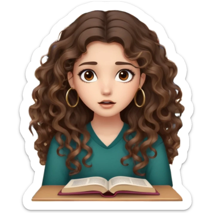 cute girl long brunette balayage curly/wavy not voluminous hair, brown eyes, hoop earrings, natural pretty clean makeup: shocked surrounded by lots and lots of books she needs to study  sticker