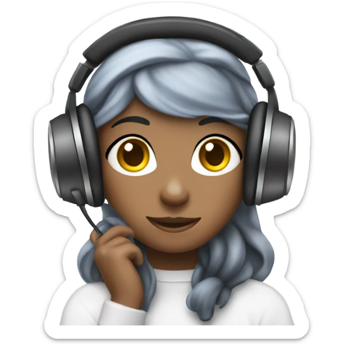 a girl with laptop & headphone, clouds in background with cute emojis sticker