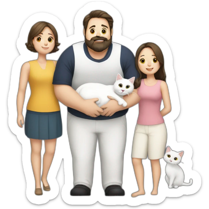 Family photo a fat husband with a beard is holding a white cat and wife with straight hair is holding another black cat sticker