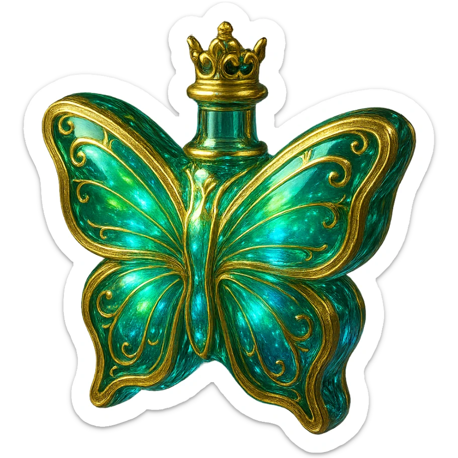 drugelio formos buteliukas, trumpas kaklelis, karūnėlė, kristalinis, dominuoja žalia ir mėlyna, daug švytėjimo, ornamentų, auksinės detalės, permatomas fonas, kabėjimas ore sticker